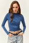 Women's Indigo High Collar Lycra Blouse with Gather Detail BLZ-19002426 - 2