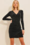 Black V-Neck Double-Breasted Draped Glitter Dress Alc-X11258 - 3