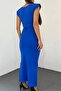 Women's Double Breasted Collar Diver Fabric Midi Length Slit Blue Dress 5031 - 2
