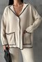 Jacket Collar Pocket Detail Oversize Cardigan and High Waist Wide Leg Trousers Cream Bottom Top Knitwear Suit 5120 - 5