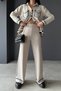 Polo Collar Pocket Detailed Buttoned Cardigan and High Waist Wide Leg Trousers Cream Bottom Top Knitwear Suit 10067 - 7