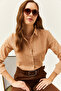 Women's Beige Stitching Detailed Flared Linen Shirt GML-19001144
