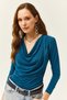 Women's Petrol Blue Padded Pleated Collar Blouse BLZ-19002419 - 5