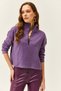 Women's Purple Zippered Stand Collar Hooded Sweater KZK-19000640 - 3