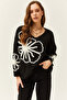 Women's Black Patterned V-Neck Soft Textured Knitwear Sweater KZK-19000695 - 2