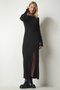 Women's Black Slit Stitched Long Viscose Dress - 5