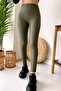 High Waist Women's Leather Leggings with Lifting Effect - Khaki