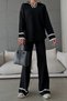 Polo Neck Stripe Detail Sweater and High Waist Wide Leg Trousers Black Bottom Top Knitwear Suit 0282