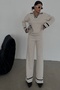 Polo Collar Stripe Detail Sweater and High Waist Wide Leg Trousers Cream Bottom Top Knitwear Set 0282 - 5