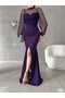 FLEXIBLE CREPE FABRIC PURPLE COLOR TULLE DETAILED SPRINGS LONG SLEEVE EVENING DRESS GL-738 582767