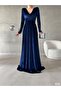 Flexible Velour Fabric Blue Color Slip Long Sleeve Evening Dress Gl-725 581949