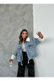 Women's Jean Jacket with Collar Sleeves and Furry Pockets - 4