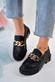 Women's Black Chain-Detail Thick Sole Loafers Gold Chain - 2