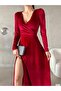 FLEXIBLE VELVET FABRIC RED COLOR STRAPPED LONG SLEEVE EVENING DRESS GL-725 581949 - 5