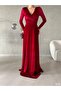 FLEXIBLE VELVET FABRIC RED COLOR STRAPPED LONG SLEEVE EVENING DRESS GL-725 581949