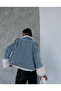 Women's Jean Jacket with Collar Sleeves and Furry Pockets - 5