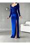 Women's Velvet Fabric Slit Evening Dress Graduation Wedding Party Dress - 4