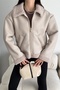 Beige Fur Detailed Leather Coat with Pockets, Zipper and Fur Inside - 4