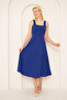 Women's Design Stretchy Crepe Fabric Flared Cut Thick Strap Square Collar Midi Length Cobalt Blue Dress 086 - 5
