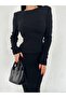 Women's Midi Length Boat Neck Full Lycra Black Dress - 3