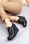 Wedge Sole Side Zipper Black Leather Shoes - 2
