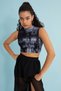 Women's Black Batik Patterned Turtleneck Crop