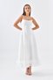Cotton Atlas Fabric Thin Strap Skirt with Tulle Detail Midi Length White Evening Dress 9326