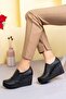 Wedge Sole Side Zipper Black Leather Shoes - 3
