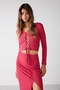Agneska Women's Knitwear Look Flexible Fabric Cross Tie V-Neck Long Sleeve Crop Fuchsia Blouse