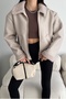 Beige Fur Detailed Leather Coat with Pockets, Zipper and Fur Inside - 5