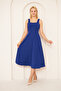 Women's Design Stretchy Crepe Fabric Flared Cut Thick Strap Square Collar Midi Length Cobalt Blue Dress 086 - 7