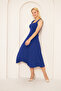 Women's Design Stretchy Crepe Fabric Flared Cut Thick Strap Square Collar Midi Length Cobalt Blue Dress 086 - 8