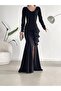 FLEXIBLE CREPE FABRIC BLACK COLOR LONG SLEEVE STRAPPED LONG EVENING DRESS GL-EMR-099 581843