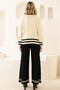 Women's Cream Black Striped Lace Collar Oversize Sweater Trousers Double Set - 5