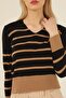 Women's Black Camel Striped Ringel V-Neck Fine Knitwear Sweater
