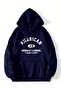 Men's Navy Blue American Middle Printed Hooded Oversize Sweatshirt