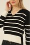 Women's Black Ecru Striped Ringel V-Neck Fine Knitwear Sweater