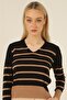Women's Black Camel Striped Ringel V-Neck Fine Knitwear Sweater - 3