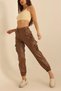 Women's Velvet Covered Cargo Pocket Full Flexible Elastic Leg Leather Trousers - 4