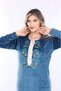Women's Navy Collar Embroidery Detailed Long Velvet Dress - 7