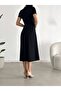 FLEXIBLE CREPE FABRIC BLACK COLOR HALF TURTLETON NECK SHORT SLEEVE HIDDEN POCKET EVENING DRESS GL-624 582110 - 3