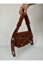 Women's Tile Brown Plush Kurdish Bag Crocodile Fur Detailed Shoulder Bag with Adjustable Lock Strap - 4