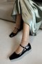 Petite Black Crinkled Patent Leather Closed Back Single Strap Square Toe Helmet Women's Ballerina Shoes Mary Jane - 6