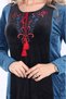 Women's Navy Collar Embroidered Detail Long Velvet Dress - 3