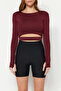 Bordo Crop Pencere/Cut Out ve Baş Parmak Delik Detaylı Örme Spor Üst/Bluz TWOAW21BZ0156 - 4