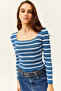 Women's Striped Indigo Square Collar Crop Basic Knitwear Blouse BLZ-19001114 - 4