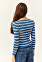 Women's Striped Indigo Square Collar Crop Basic Knitwear Blouse BLZ-19001114 - 6