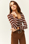 Women's Striped Bitter Brown Square Collar Crop Basic Knitwear Blouse BLZ-19001114 - 4