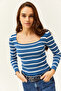 Women's Striped Indigo Square Collar Crop Basic Knitwear Blouse BLZ-19001114 - 5
