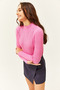 Women's Candy Pink Half Turtleneck Zigzag Textured Soft Knitwear Sweater KZK-19000447 - 3